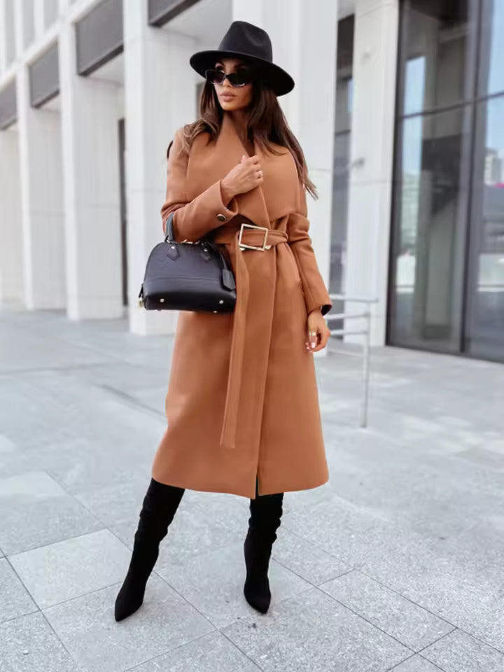 Women's Coat – Long Silhouette – Tailored Fit – Belt with Buckle – Button Closure