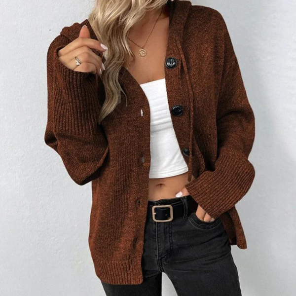 Women's Cardigan with Hood – Oversized Fit – Knit – Button Closure – Ribbed Edges