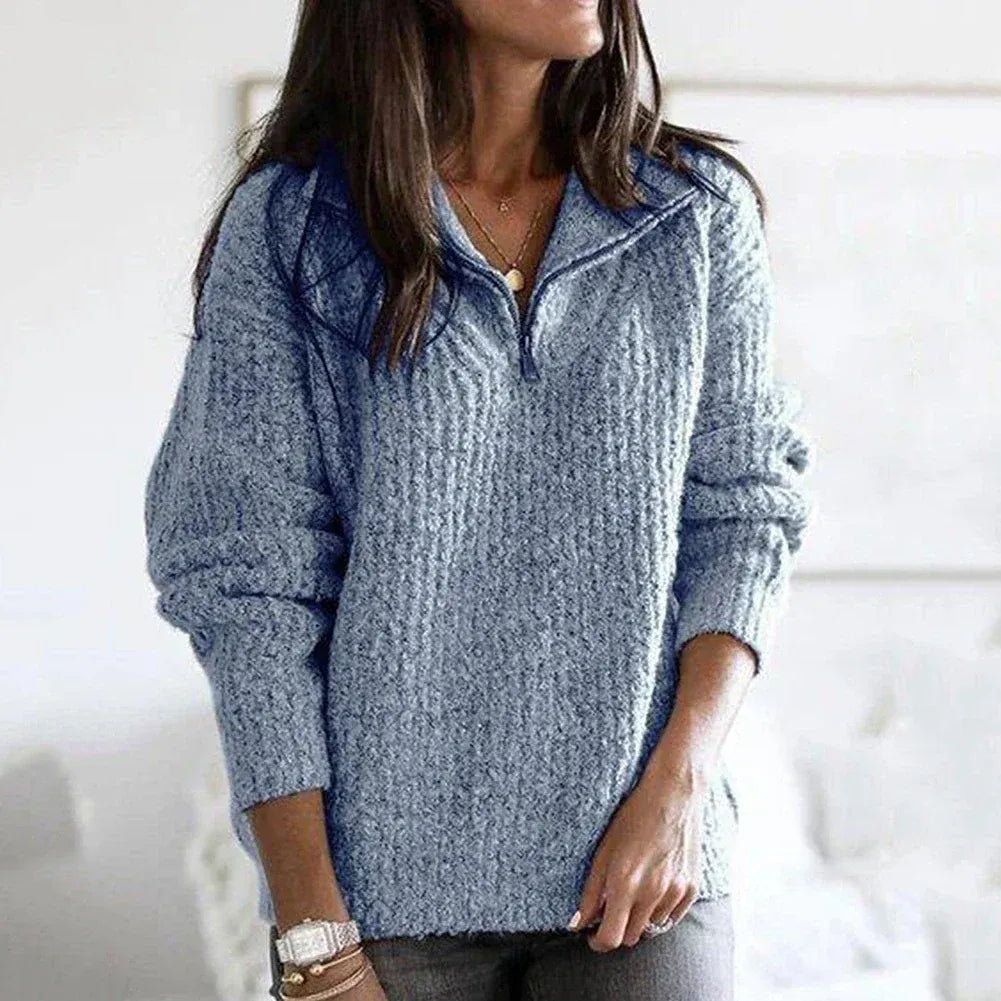 Women's Sweater with Half-Zip – Relaxed Fit – Chunky Knit – Soft Wool Texture