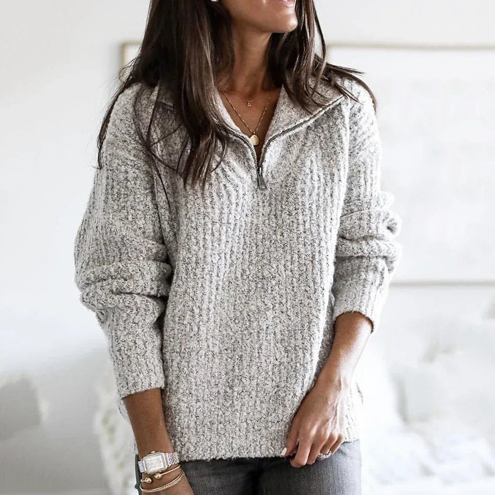 Women's Sweater with Half-Zip – Relaxed Fit – Chunky Knit – Soft Wool Texture