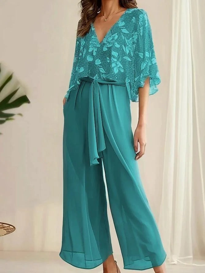 Women's Set – Loose V-neck Top with Ruffle Sleeves – High-waisted Wide Pants with Belt