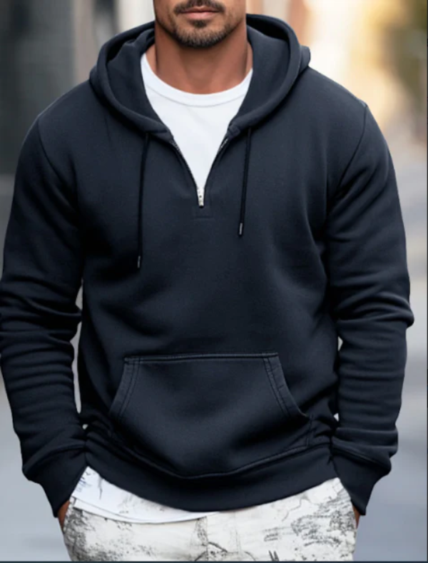 Men's Hoodie – Relaxed Fit – Soft Cotton Blend – Quarter Zip – Kangaroo Pocket