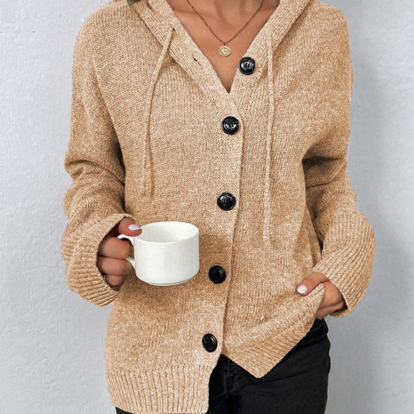 Women's Cardigan with Hood – Oversized Fit – Knit – Button Closure – Ribbed Edges