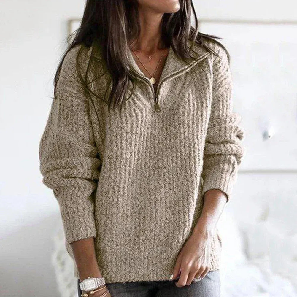 Women's Sweater with Half-Zip – Relaxed Fit – Chunky Knit – Soft Wool Texture