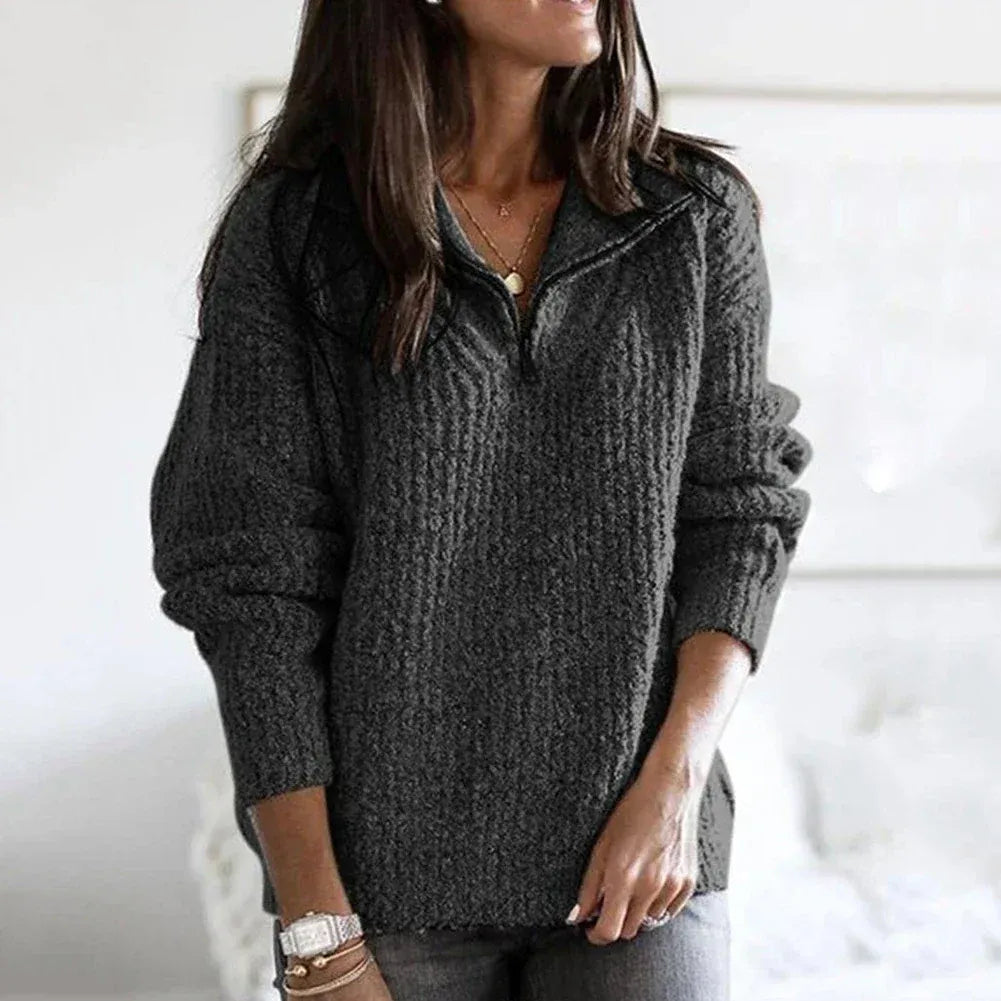 Women's Sweater with Half-Zip – Relaxed Fit – Chunky Knit – Soft Wool Texture