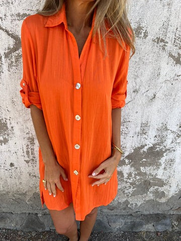 Women's Shirt Dress – Relaxed Fit – Button Closure – Breathable Blend – Rolled-Up Sleeves