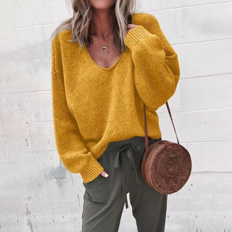 Women's Knit Sweater – Relaxed Fit – Deep V-Neck – Long Sleeves – Soft Wool Knit