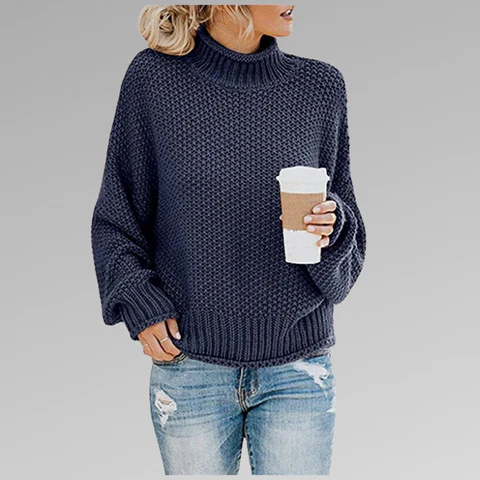 Women's Knit Sweater – Oversize Fit – Chunky Knit – High Neck – Dropped Shoulder