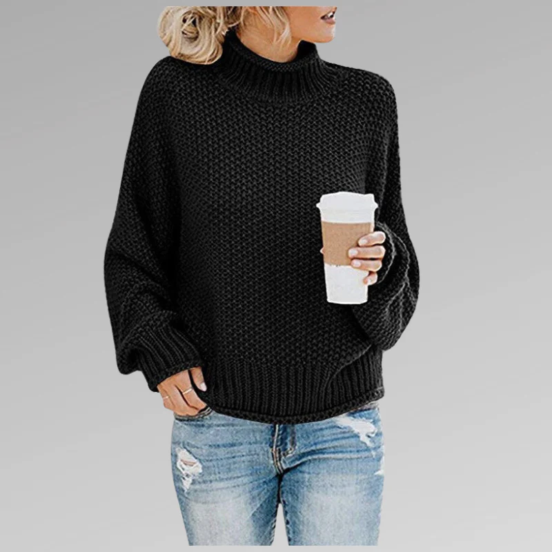 Women's Knit Sweater – Oversize Fit – Chunky Knit – High Neck – Dropped Shoulder