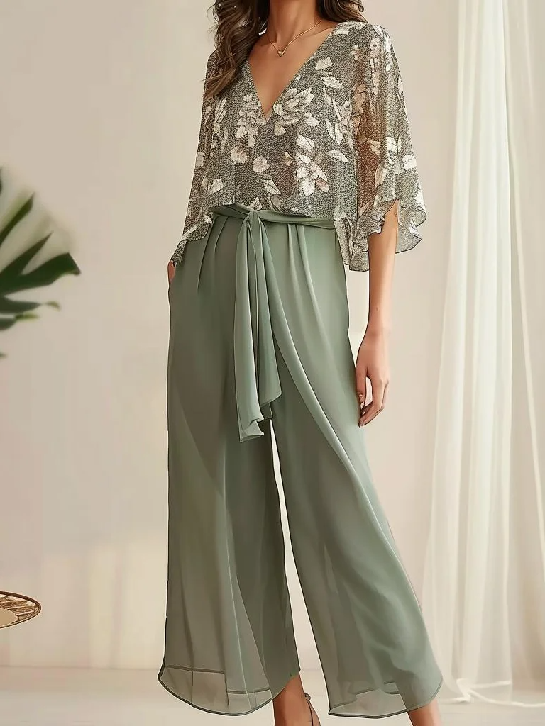 Women's Set – Loose V-neck Top with Ruffle Sleeves – High-waisted Wide Pants with Belt