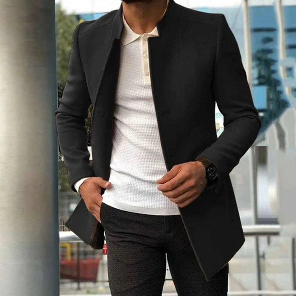 Men's Coat – Slim Fit – Wool Texture – Mandarin Collar – Mid-Length Elegant Style