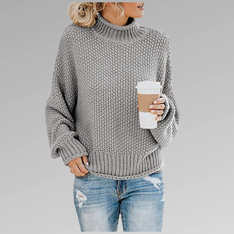 Women's Knit Sweater – Oversize Fit – Chunky Knit – High Neck – Dropped Shoulder