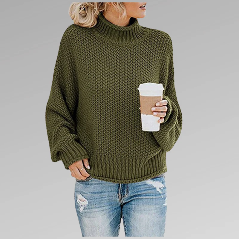 Women's Knit Sweater – Oversize Fit – Chunky Knit – High Neck – Dropped Shoulder