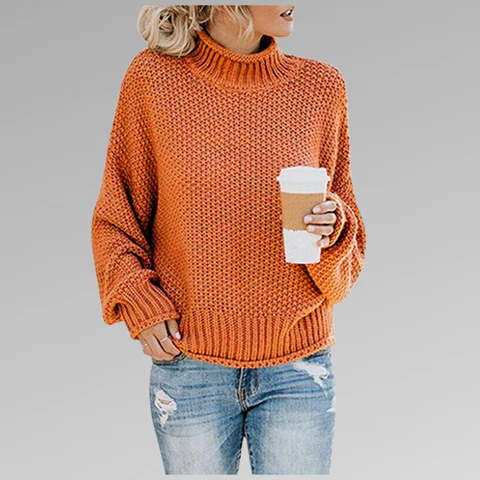 Women's Knit Sweater – Oversize Fit – Chunky Knit – High Neck – Dropped Shoulder