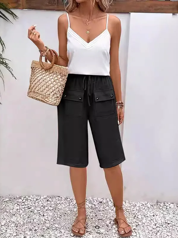 Women's Pants Knee-Length – Relaxed Fit – Elastic Waist – Breathable Material – Drawstring