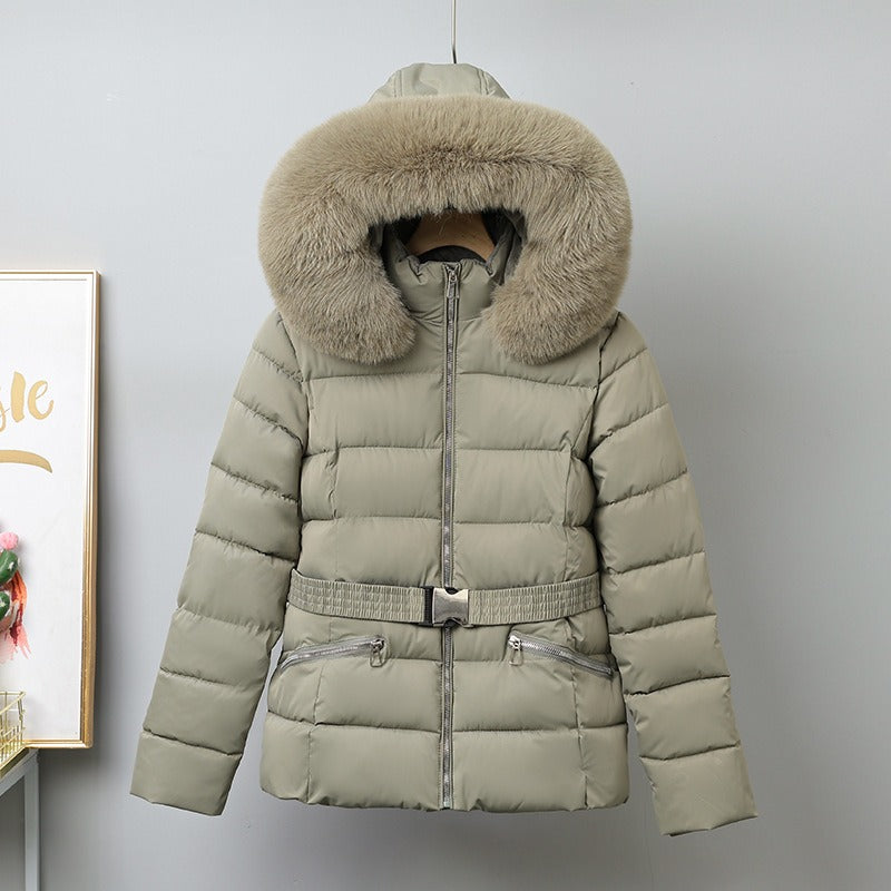 Women’s Puffer Coat - Quilted Fabric - Hip Length - Belted Waist - Removable Fur Hood
