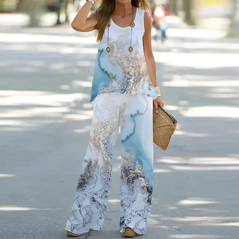 Women's Two-Piece Set – Sleeveless Top with Floral Print – Wide-Leg Pants – Relaxed Fit