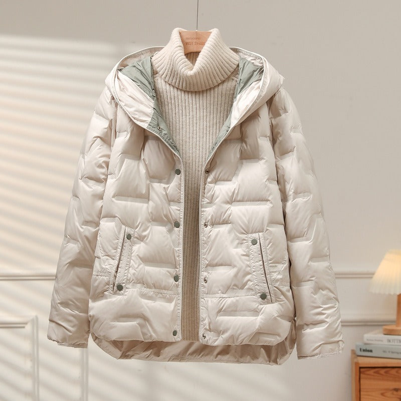 Women’s Jacket - Woven Synthetic - Quilted Puff - Attached Hood - Snap Button Closure