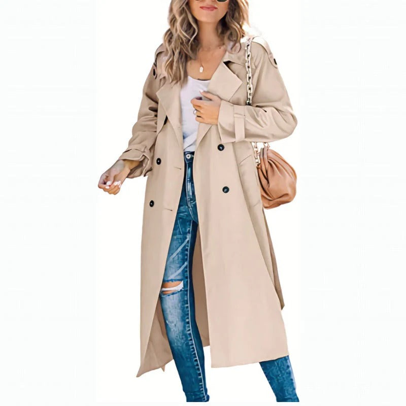 Women's Trench Coat – Long Straight Silhouette – Relaxed Fit – Belt – Double-Breasted