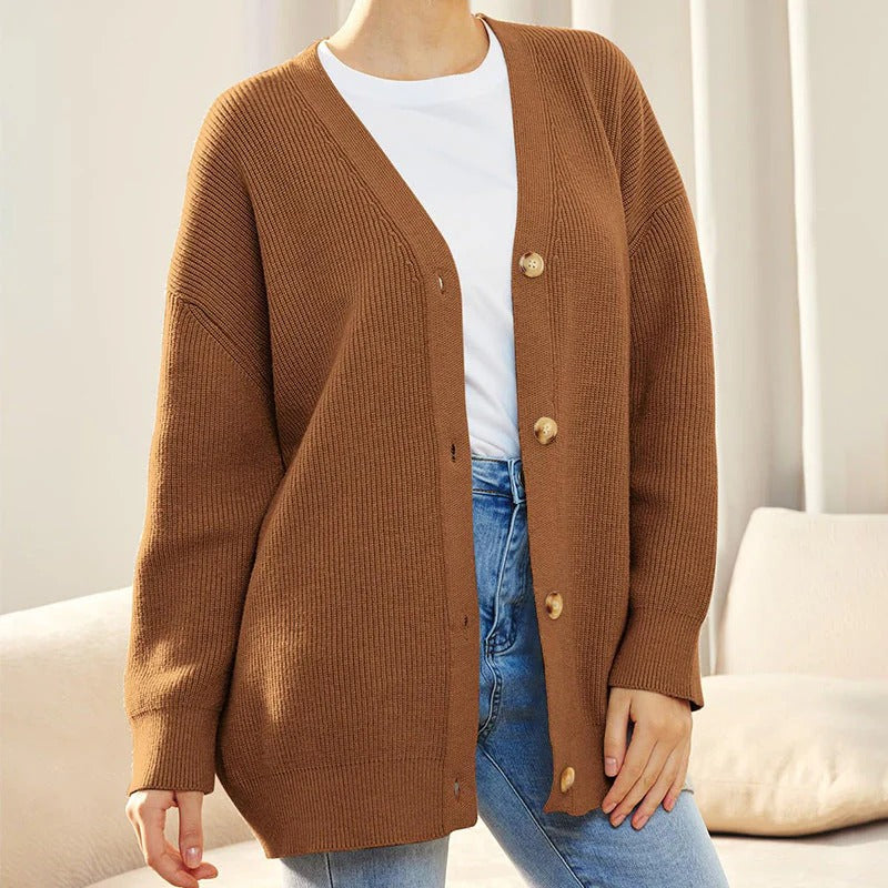 Women's Cardigan – Relaxed Fit – Soft Rib Knit – V-Neck – With Button Closure