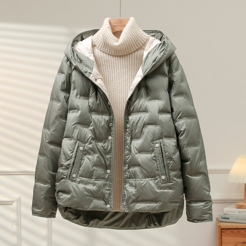 Women’s Jacket - Woven Synthetic - Quilted Puff - Attached Hood - Snap Button Closure