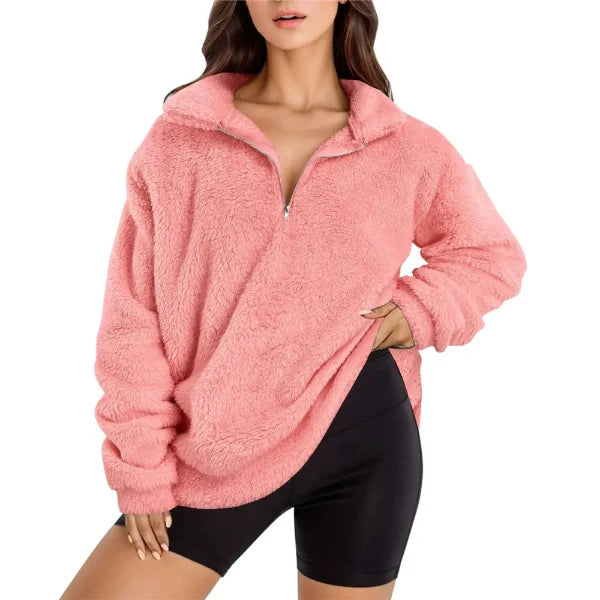 Women's Pullover – Oversize Fit – Fleece – Half Zip – High Collar – Long-Sleeved Casual