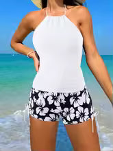 Women's Tankini Set – Halterneck – Backless Sleeveless Top – Floral Shorts with Drawstring
