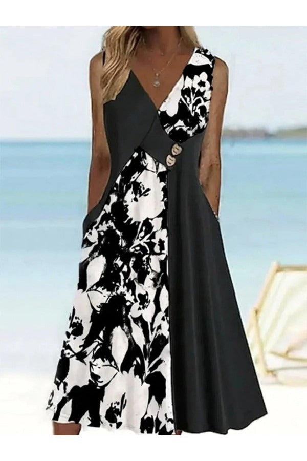 Women's Midi Dress – Sleeveless V-Neck – Relaxed Fit – Lightweight and Breathable – Flowers and Buttons