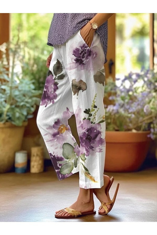 Women's Pants – Relaxed Fit – Breathable Fabric – Full Length – Floral Pattern – With Pockets