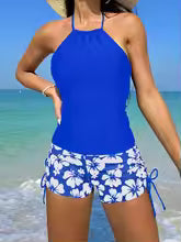 Women's Tankini Set – Halterneck – Backless Sleeveless Top – Floral Shorts with Drawstring
