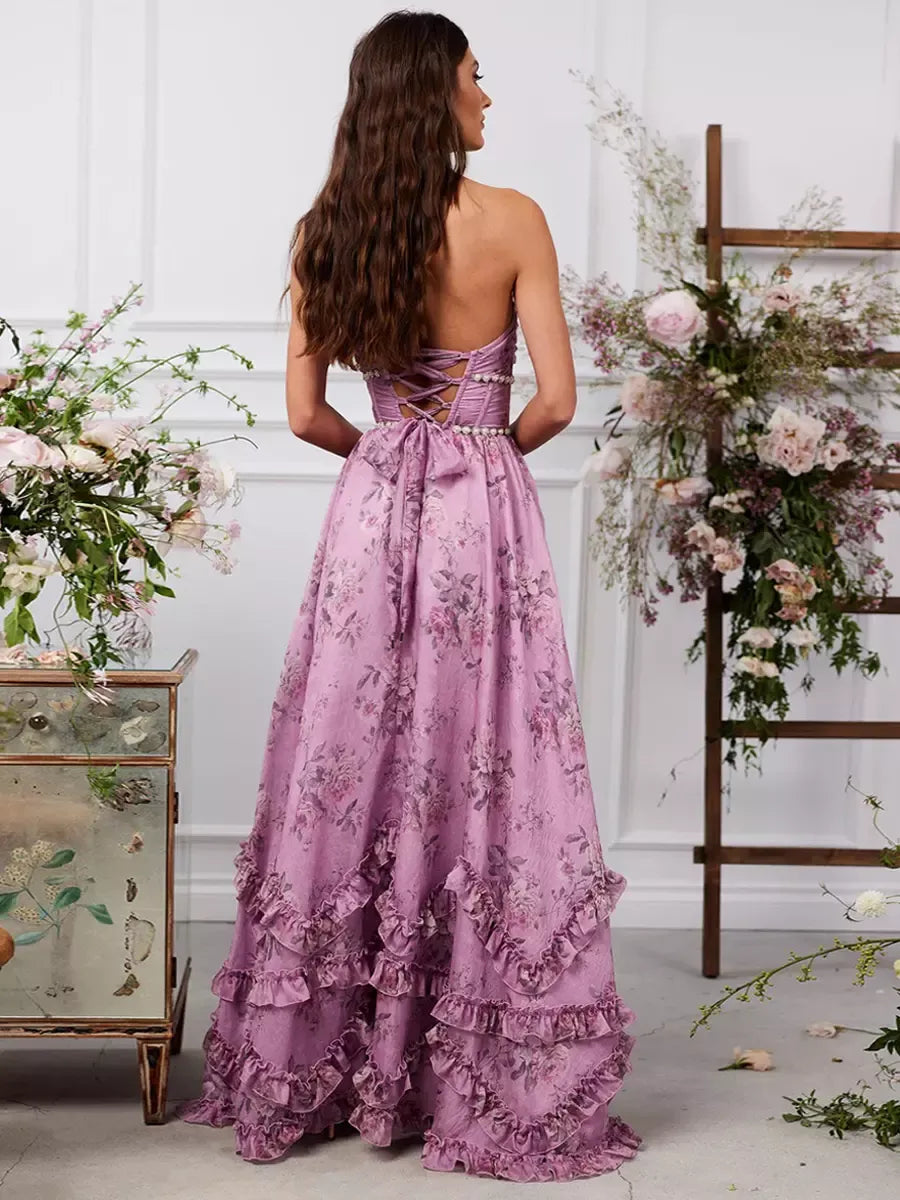 Dress for Women – Maxi Dress with Halterneck – A-line Cut – Floral Print and Pearl Belt