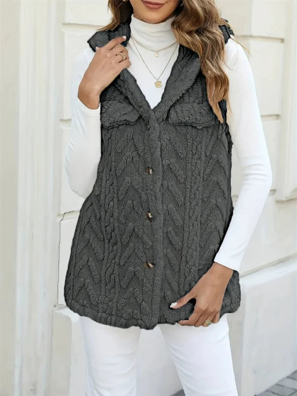 Women's Vest With Hood – Fuzzy Knit – Button Closure – Relaxed Fit – Chest Pockets