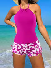 Women's Tankini Set – Halterneck – Backless Sleeveless Top – Floral Shorts with Drawstring