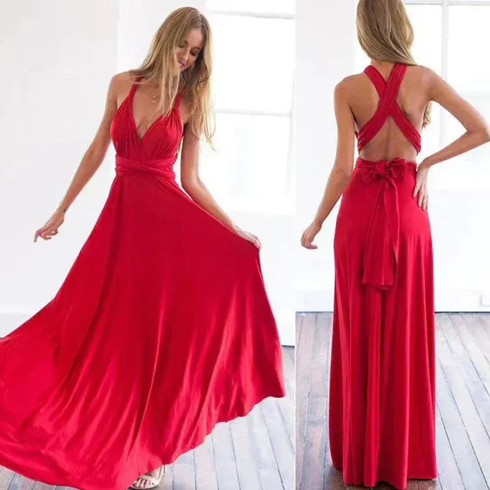 Dress for Women – Wrap Design – Deep V-Neck – Open Back – Floor Length – Stretch Fit