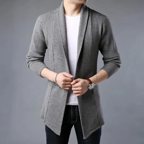 Men's Cardigan – Wool Knit – Regular Fit – Ribbed Texture – Open Front – Shawl Collar