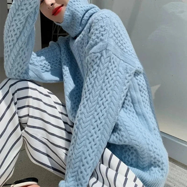 Women's Pullover Sweater – Wool – Turtleneck – Relaxed Fit – Cable Knit Long Sleeve