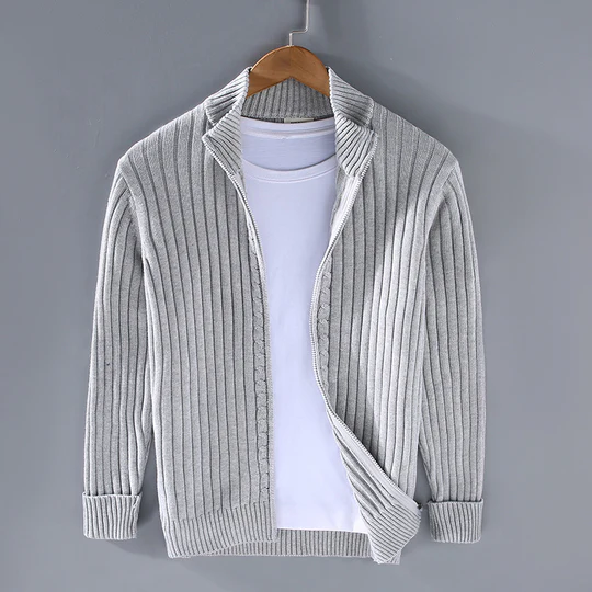 Men's Cardigan – Slim Fit – Knitted Ribbed Texture – Zipper – Versatile Layering