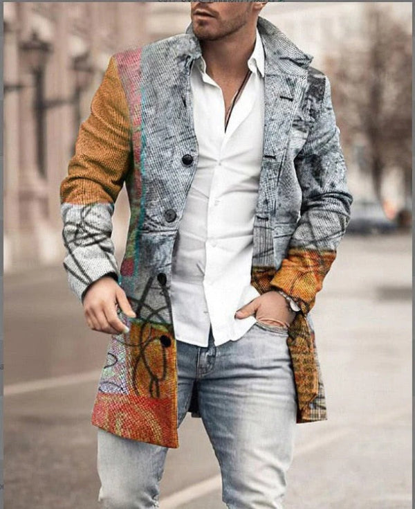 Men's Coat – Tailored Fit – Wool Texture – Mid-Length – Button Closure – Checkered Design