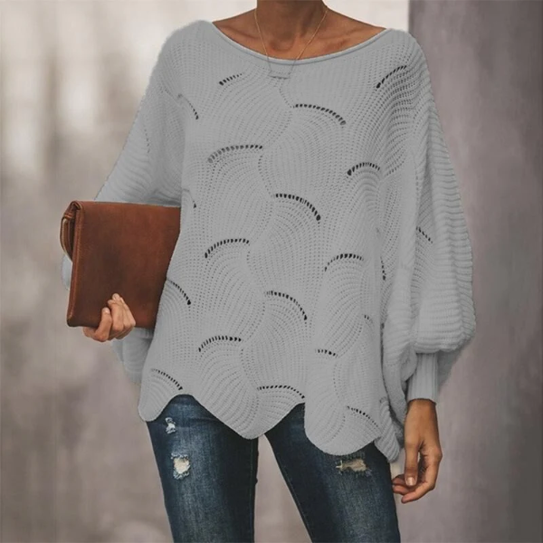 Women's Knit Sweater – Relaxed Fit – Batwing Sleeves – Wavy Hem – Open Knit