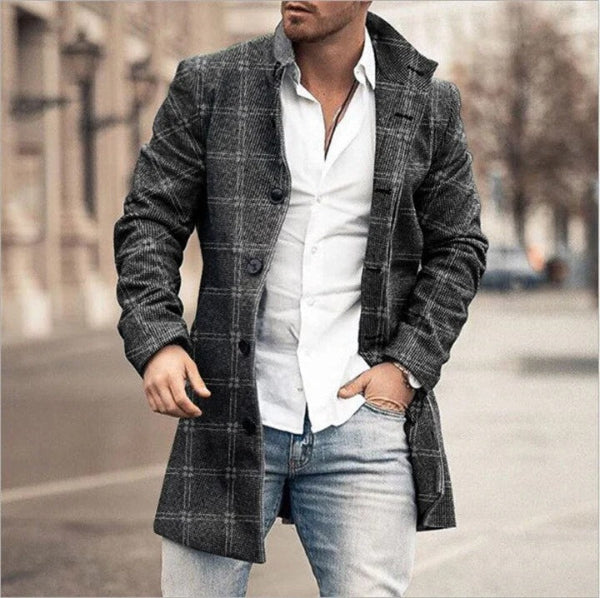 Men's Coat – Tailored Fit – Wool Texture – Mid-Length – Button Closure – Checkered Design