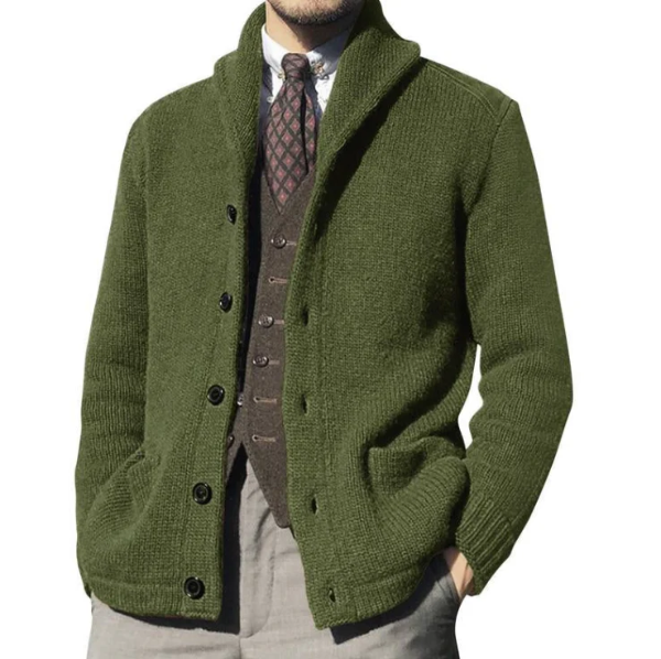 Men's Knit Jacket – Classic Fit – Button Closure – High Collar – Warm Texture
