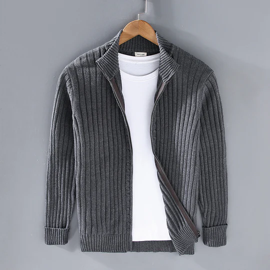 Men's Cardigan – Slim Fit – Knitted Ribbed Texture – Zipper – Versatile Layering