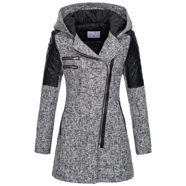 Women’s Coat - Woven Blend - Tailored Fit - Mid-Thigh Length - Hooded - Asymmetrical Zip