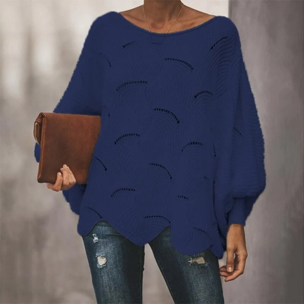 Women's Knit Sweater – Relaxed Fit – Batwing Sleeves – Wavy Hem – Open Knit