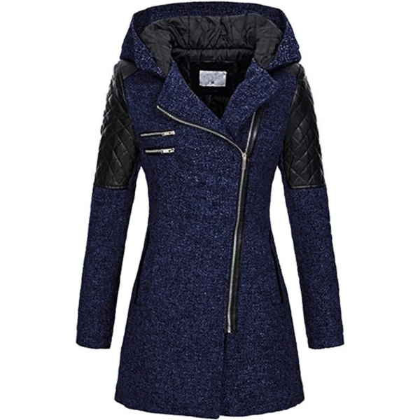 Women’s Coat - Woven Blend - Tailored Fit - Mid-Thigh Length - Hooded - Asymmetrical Zip