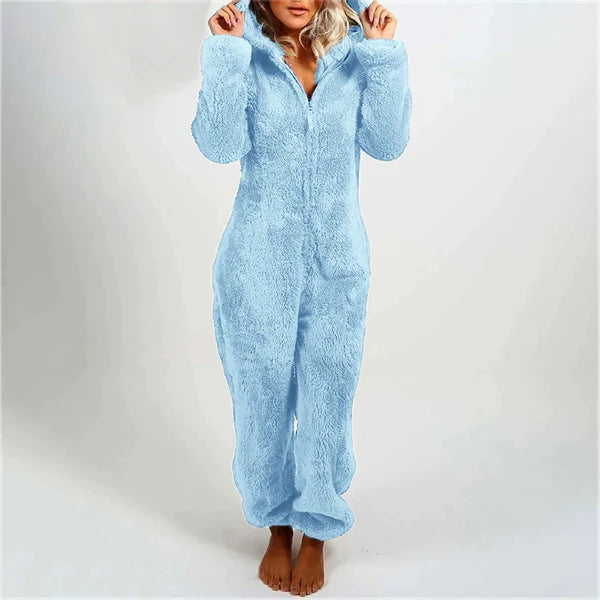 Women's Jumpsuit with Hood – Soft Plush – Relaxed Fit – Zipper – Full Length