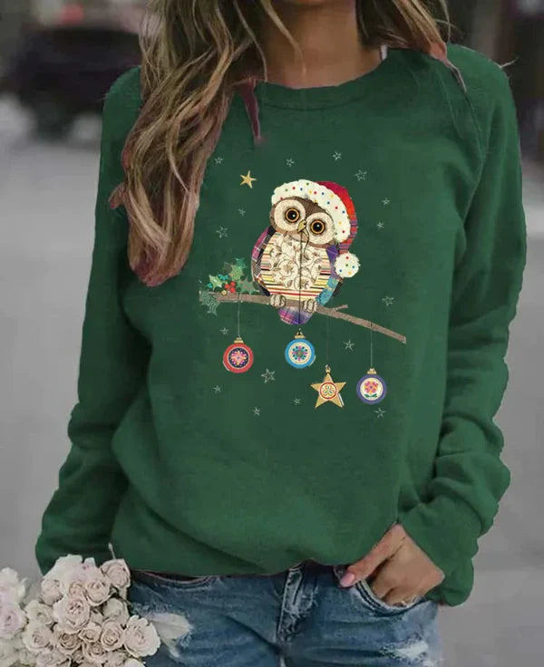 Women's sweatshirt – relaxed fit – soft cotton blend – owl Christmas motif