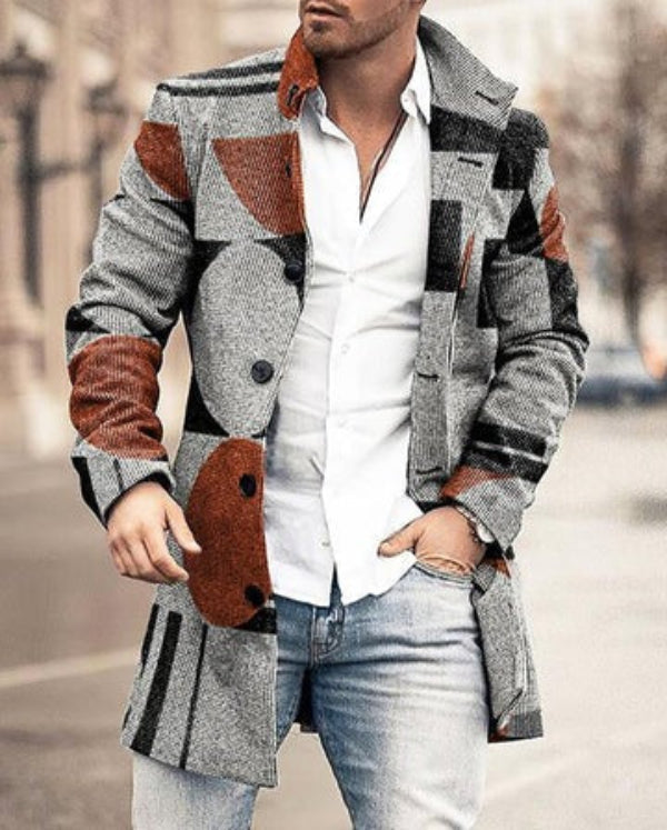 Men's Coat – Tailored Fit – Wool Texture – Mid-Length – Button Closure – Checkered Design
