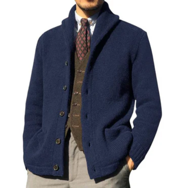 Men's Knit Jacket – Classic Fit – Button Closure – High Collar – Warm Texture