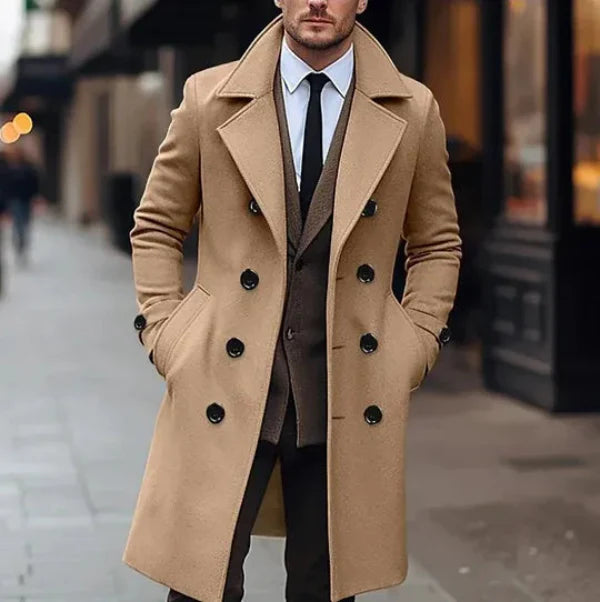 Men's Overcoat – Tailored Fit – Wool Blend – Double Breasted – Knee Length